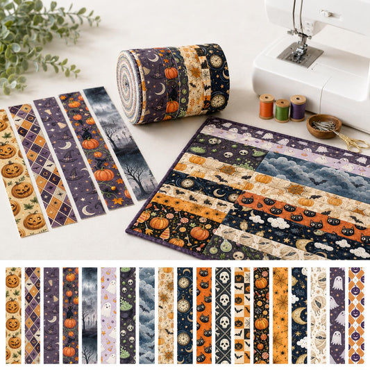 20pcs/set Vintage Pumpkin Ghost Halloween Pattern Jelly Roll Fabric Strips 2.5X19.7inch Pre-Cut 100% Polyester For Patchwork Quilts, Table Runners, Placemats, Tote Bags, Storage Pouches, Makeup Bags, Coasters, Quilt Blocks & Binding