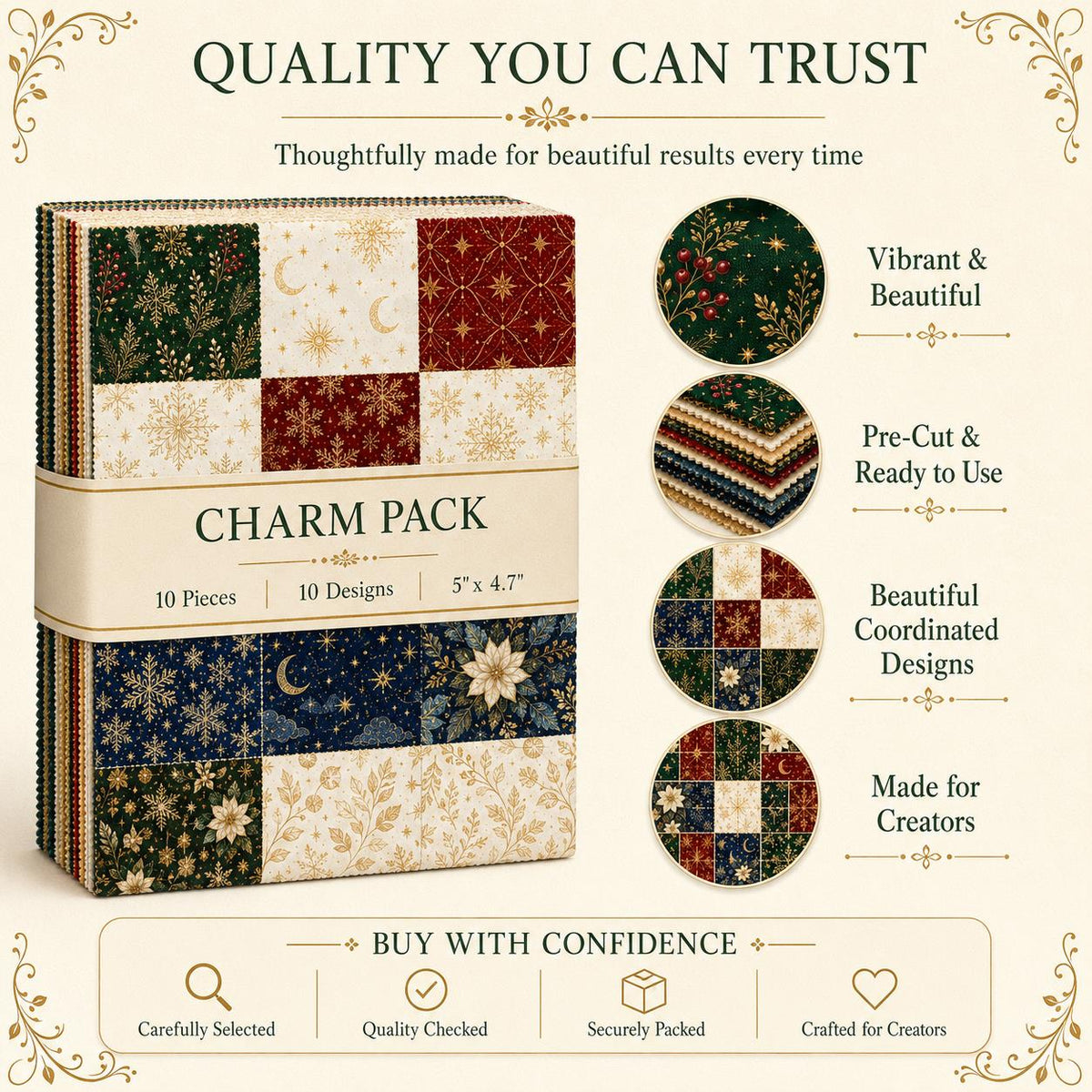 10pcs Charm Pack Set Christmas Holly Snow Pattern Vintage Style Handmade DIY with Rich Color and Texture Elements 100% Polyester Patchwork in 10 Design Styles Suitable for Patchwork DIY Craft Projects DIY Wallet Making Gift Giving Bag Making Mother's Day