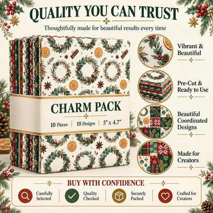 10Pc/Set Christmas Series Stripe Bowknot Wreath Flower Star Plaid Holly Pinecones Fat Quarter Fabric, Pre-Cut Square Fabric Assort, Fabric Set, Craft Fabric, Handmade DIY Patchwork Fabric,Home Quilting Sewing Fabric, Packaging Fabric, Scrapbooking Craft H