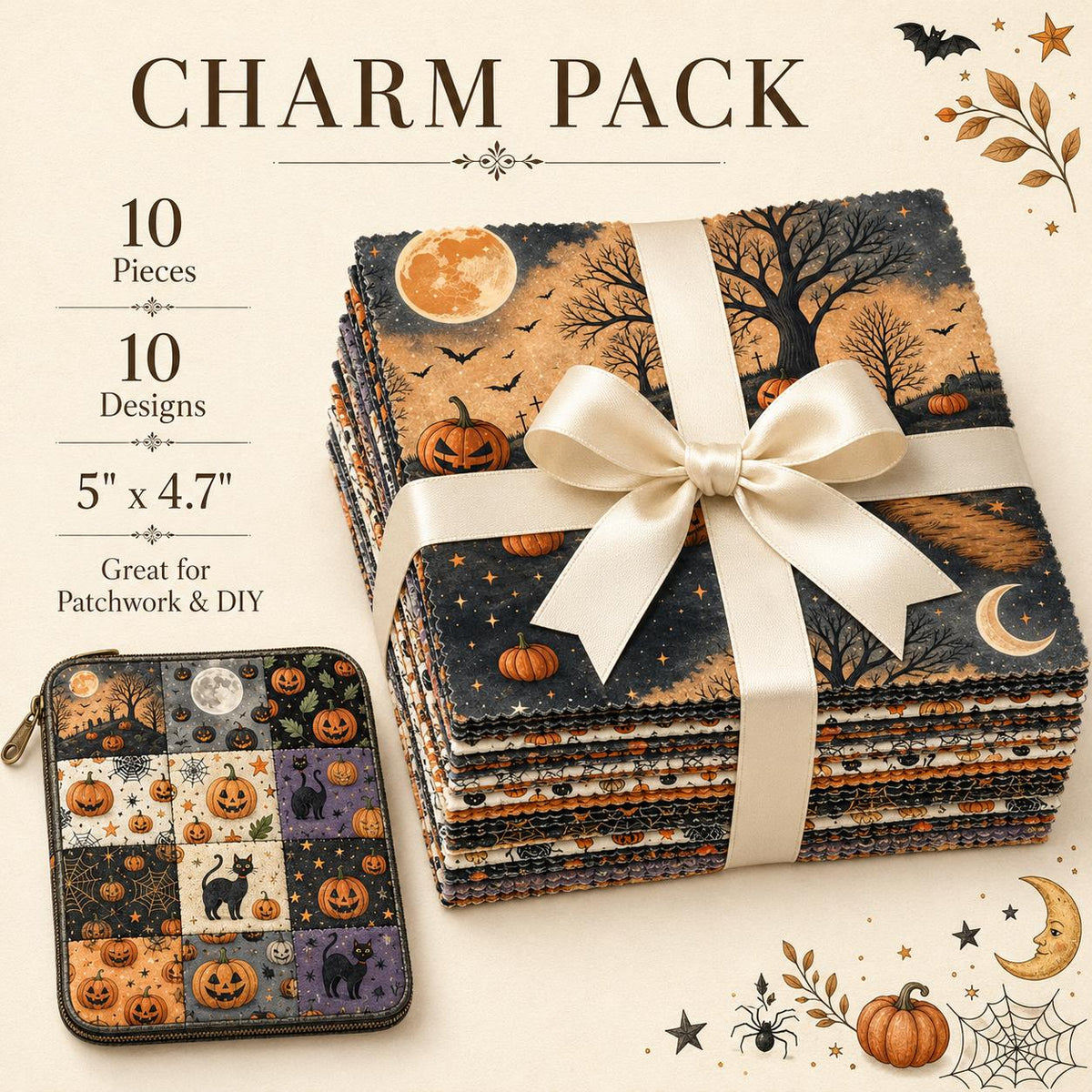10pcs Charm Pack Set Halloween Pumpkin Holly Snow Pattern Vintage Style Handmade DIY with Rich Color and Texture Elements 100% Polyester Patchwork in 10 Design Styles Suitable for Patchwork DIY Craft Projects DIY Wallet Making Gift Giving Bag Making Mothe