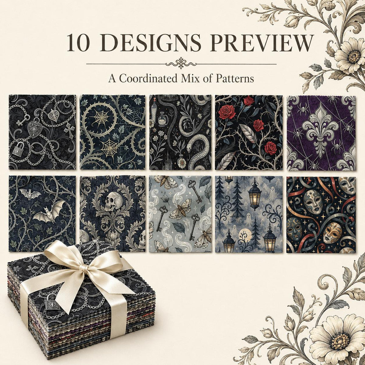 10Pc/Set Halloween Black Series Flower Skull Heart Butterfly Bat Fat Quarter Fabric, Pre-Cut Square Fabric Assort, Fabric Set, Craft Fabric, Handmade DIY Patchwork Fabric,Home Quilting Sewing Fabric, Packaging Fabric, Scrapbooking Craft Hobbyist