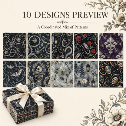 10Pc/Set Halloween Black Series Flower Skull Heart Butterfly Bat Fat Quarter Fabric, Pre-Cut Square Fabric Assort, Fabric Set, Craft Fabric, Handmade DIY Patchwork Fabric,Home Quilting Sewing Fabric, Packaging Fabric, Scrapbooking Craft Hobbyist
