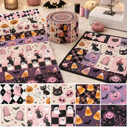 10pcs Vintage Pumpkin Bat Ghost Halloween Theme Jelly Roll Fabric Strips 2.5X19.7inch Pre-Cut 100% Polyester For Patchwork Quilts, Table Runners, Placemats, Tote Bags, Storage Pouches, Makeup Bags, Coasters, Quilt Blocks & Binding