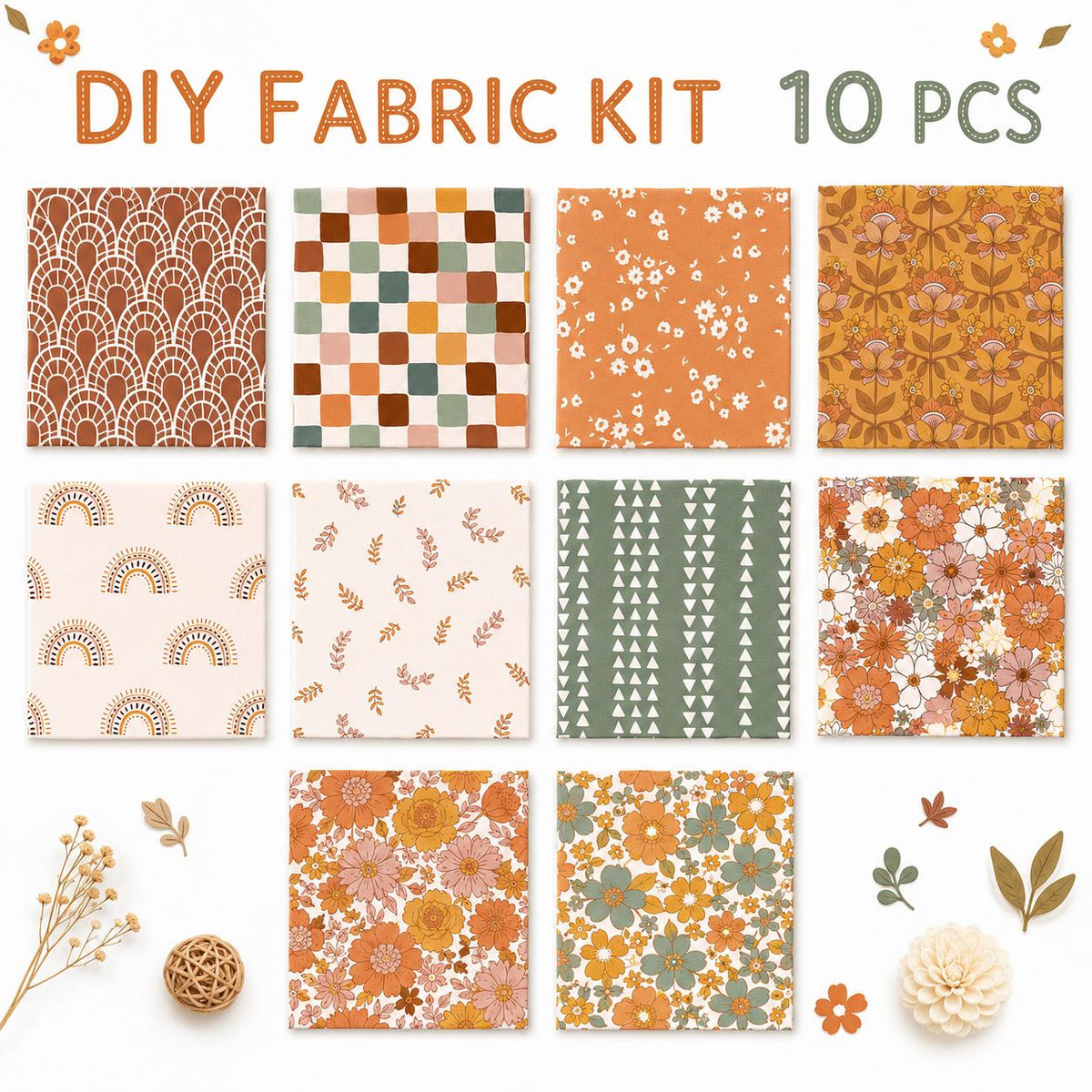 10pcs Charm Pack Set Floral Autumn Pattern 100% Polyester Patchwork in 10 Design Styles, Ready-to-Sew Without Cutting, Suitable For Patchwork Wallet Making Gift Giving Tote Bags Coasters DIY Craft Projects