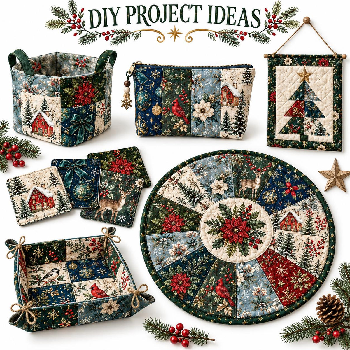 10Pc/Set Christmas Series Bowknot Flower Rabbit Northern Cardinal Deer Holly Pinecones Fox Fat Quarter Fabric, Pre-Cut Square Fabric Assort, Fabric Set, Craft Fabric, Handmade DIY Patchwork Fabric,Home Quilting Sewing Fabric, Packaging Fabric, Scrapbookin