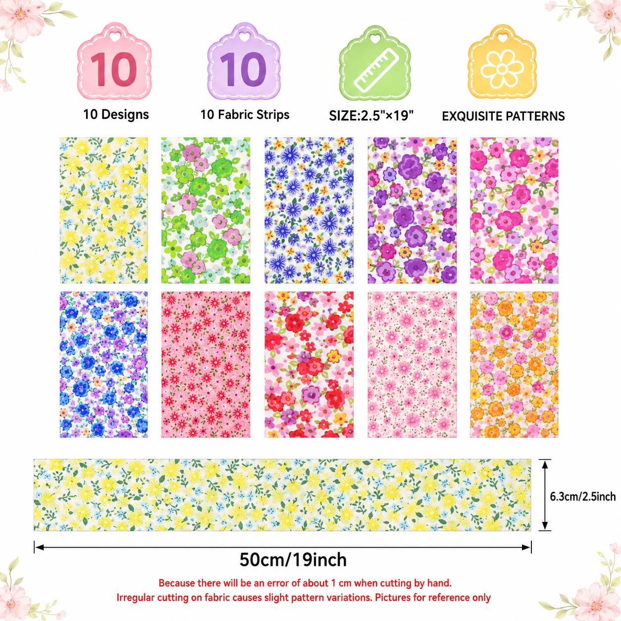 10Pc/Set, Making 10 Images 1pc Each, Each Size: 6.3*50cm Floral Series Sliced Fabric Set Style Combination, Polyester Jelly Roll Fabric Strips, Pre-Cut Quilting Squares, For Quilting DIY, Handicrafts And Sewing, Blankets, Rugs, Interior Decoration