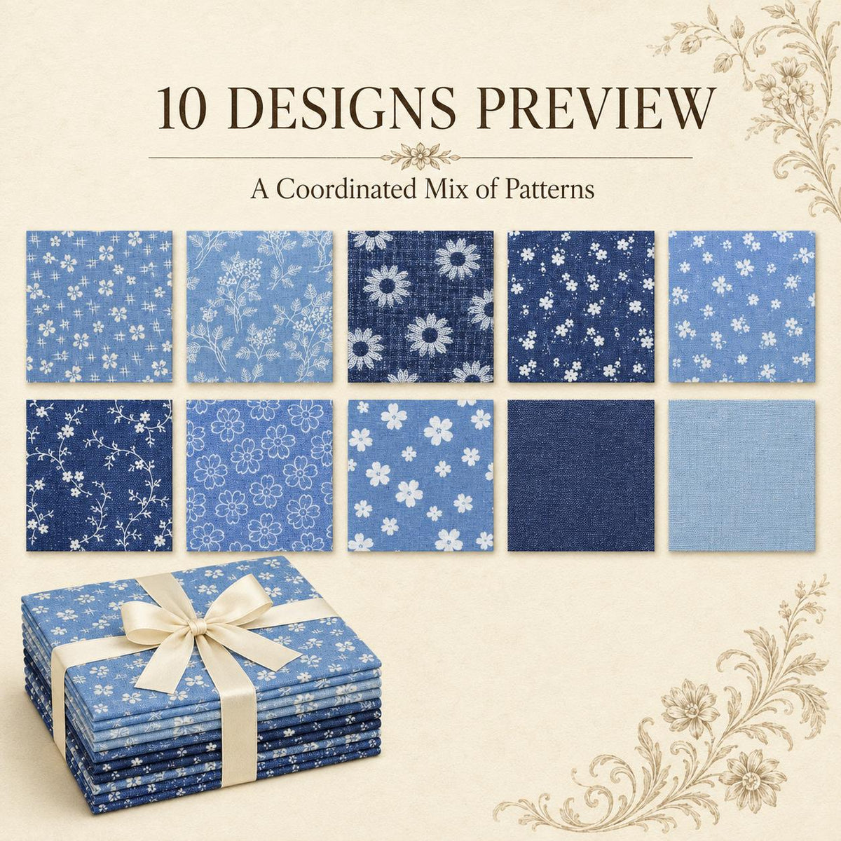10Pc/Set Flower Denim Series Fat Quarter Fabric, Pre-Cut Square Fabric Assort, Fabric Set, Craft Fabric, Handmade DIY Patchwork Fabric,Home Quilting Sewing Fabric, Packaging Fabric, Scrapbooking Craft Hobbyist