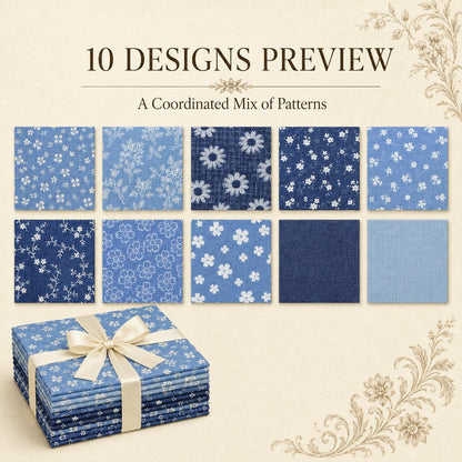 10Pc/Set Flower Denim Series Fat Quarter Fabric, Pre-Cut Square Fabric Assort, Fabric Set, Craft Fabric, Handmade DIY Patchwork Fabric,Home Quilting Sewing Fabric, Packaging Fabric, Scrapbooking Craft Hobbyist