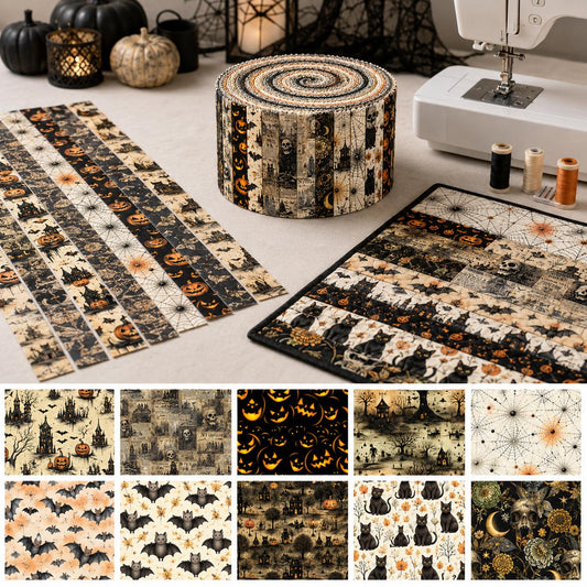 10pcs Vintage Skull Cat Pumpkin Black Halloween Theme Jelly Roll Fabric Strips 2.5X19.7inch Pre-Cut 100% Polyester For Patchwork Quilts, Table Runners, Placemats, Tote Bags, Storage Pouches, Makeup Bags, Coasters, Quilt Blocks & Binding