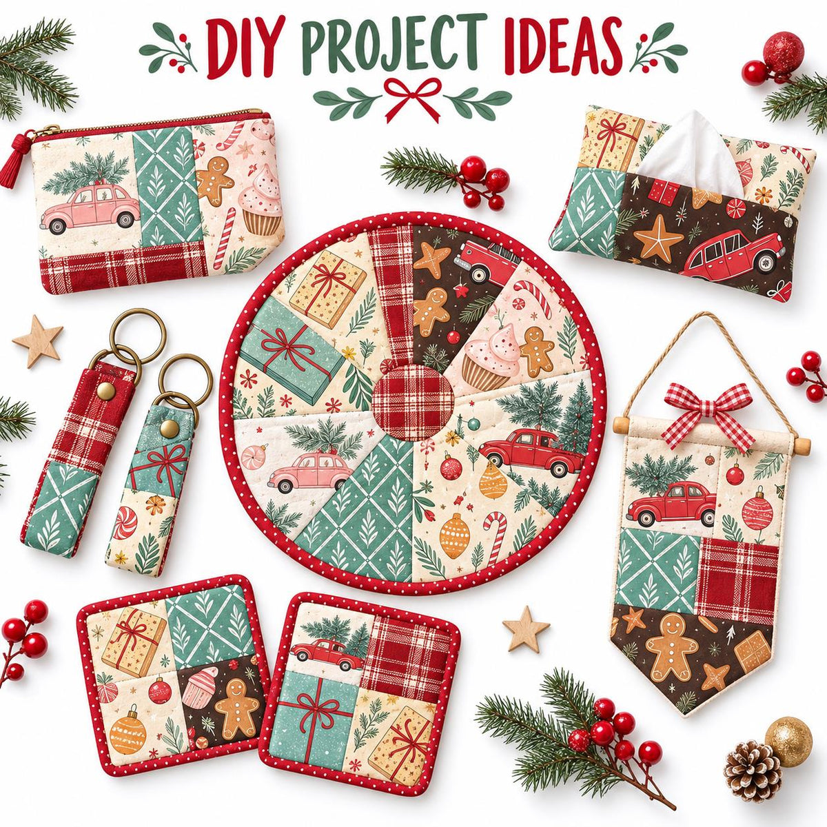 10Pc/Set Christmas Series Plaid Car Cake Tree Gift Crutch Fat Quarter Fabric, Pre-Cut Square Fabric Assort, Fabric Set, Craft Fabric, Handmade DIY Patchwork Fabric,Home Quilting Sewing Fabric, Packaging Fabric, Scrapbooking Craft Hobbyist