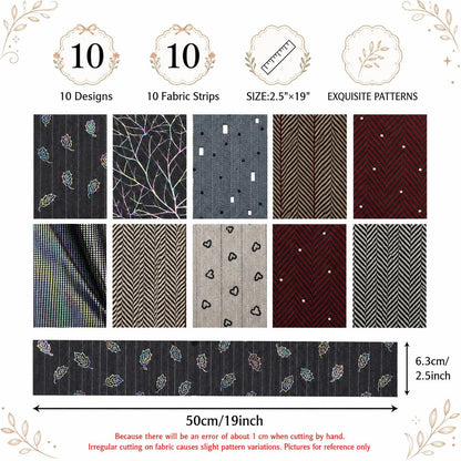 10pcs Vintage Plain Solid Pattern Jelly Roll Fabric Strips 2.5X19.7inch Pre-cut 100% Polyester for Patchwork Quilts, Table Runners, Placemats, Tote Bags, Storage Pouches, Makeup Bags, Coasters, Quilt Blocks & Binding Multi-color