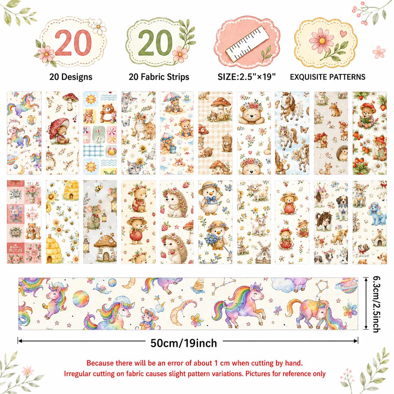20pcs Vintage Bear Cat Hedgehog Animal Series Jelly Roll Fabric Strips 2.5X19.7inch Delicate Printed Multi-Color 100% Polyester For DIY Handmade Patchwork, Table Runners, Placemats, Tote Bags, Storage Pouches, Makeup Bags, Coasters, Quilt Blocks & Binding