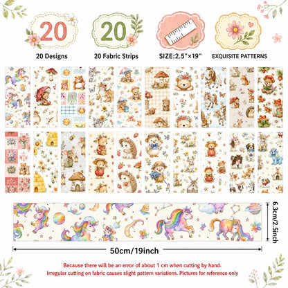 20pcs Vintage Bear Cat Hedgehog Animal Series Jelly Roll Fabric Strips 2.5X19.7inch Delicate Printed Multi-Color 100% Polyester For DIY Handmade Patchwork, Table Runners, Placemats, Tote Bags, Storage Pouches, Makeup Bags, Coasters, Quilt Blocks & Binding
