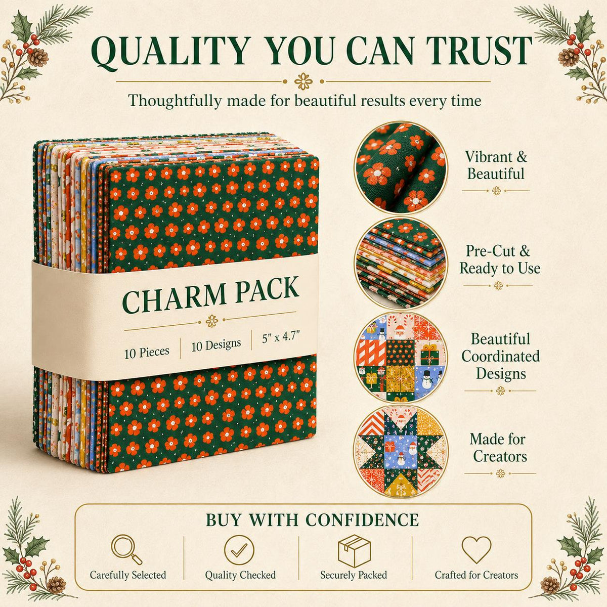10pcs Charm Pack Set Christmas Santa Pattern Vintage Style Handmade DIY with Rich Color and Texture Elements 100% Polyester Patchwork in 10 Design Styles Suitable for Patchwork DIY Craft Projects DIY Wallet Making Gift Giving Bag Making Mother's Day Gift