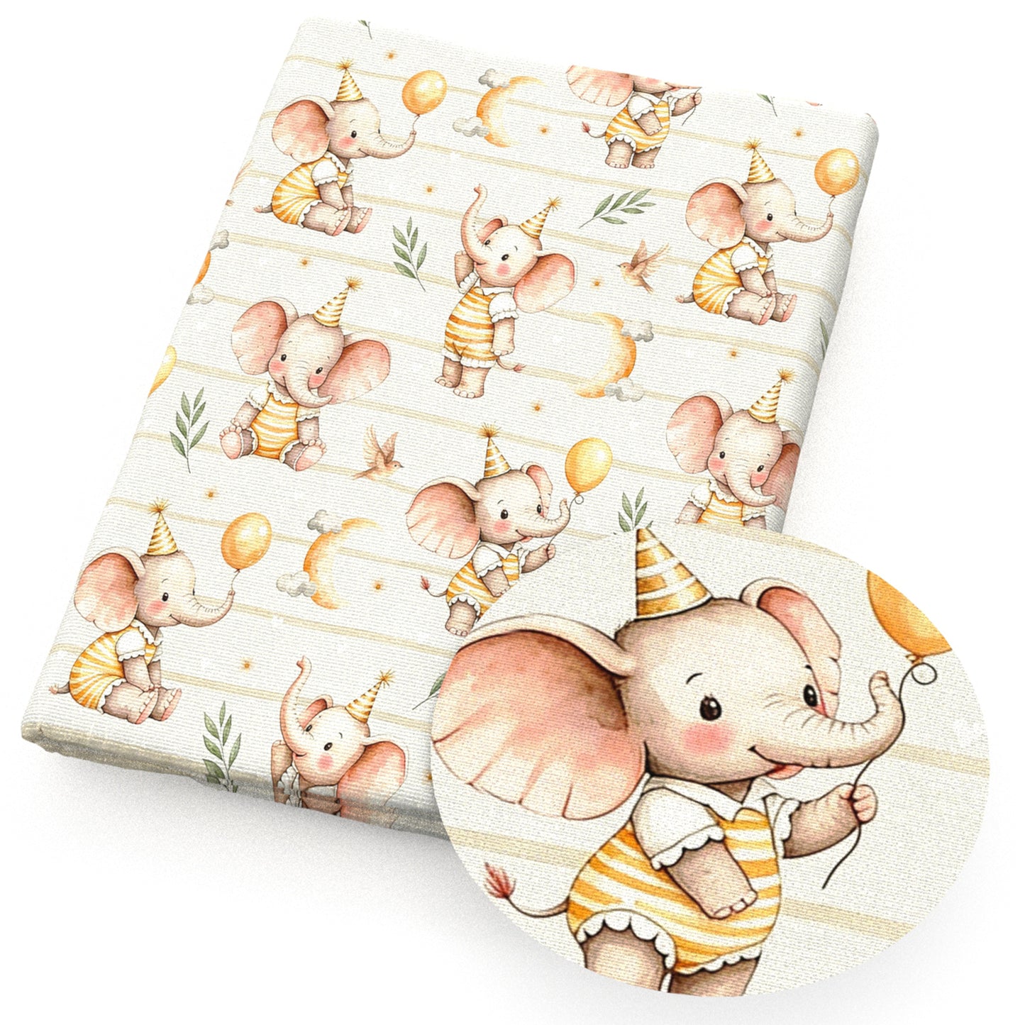 elephant moon bird balloon stripe fabric