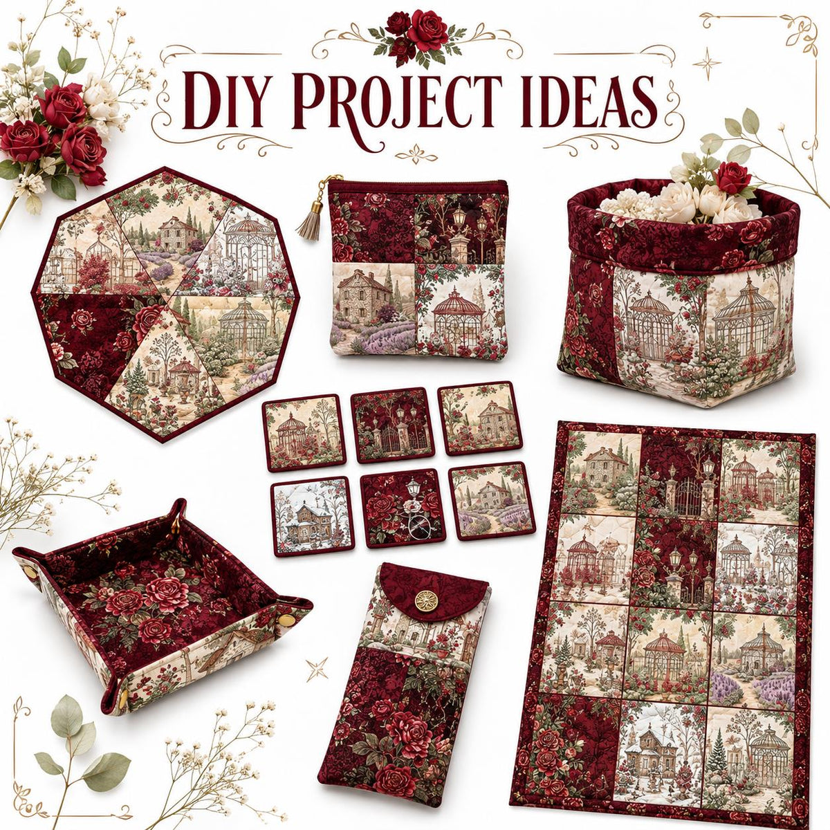 10Pc/Set Flower Rose Christmas Series Tree Fat Quarter Fabric, Pre-Cut Square Fabric Assort, Fabric Set, Craft Fabric, Handmade DIY Patchwork Fabric,Home Quilting Sewing Fabric, Packaging Fabric, Scrapbooking Craft Hobbyist