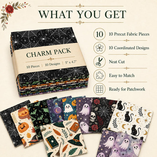 10pcs Charm Pack Set Pumpkin Ghost Halloween Pattern Vintage Style Handmade DIY with Rich Color and Texture Elements 100% Polyester Patchwork in 10 Design Styles Suitable for Patchwork DIY Craft Projects DIY Wallet Making Gift Giving Bag Making Mother's D