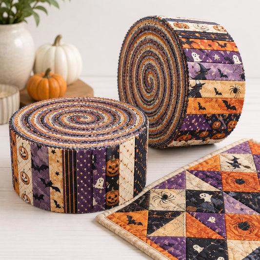 10pcs Vintage Pumpkin Bat Ghost Halloween Theme Jelly Roll Fabric Strips 2.5X19.7inch Pre-Cut 100% Polyester For Patchwork Quilts, Table Runners, Placemats, Tote Bags, Storage Pouches, Makeup Bags, Coasters, Quilt Blocks & Binding