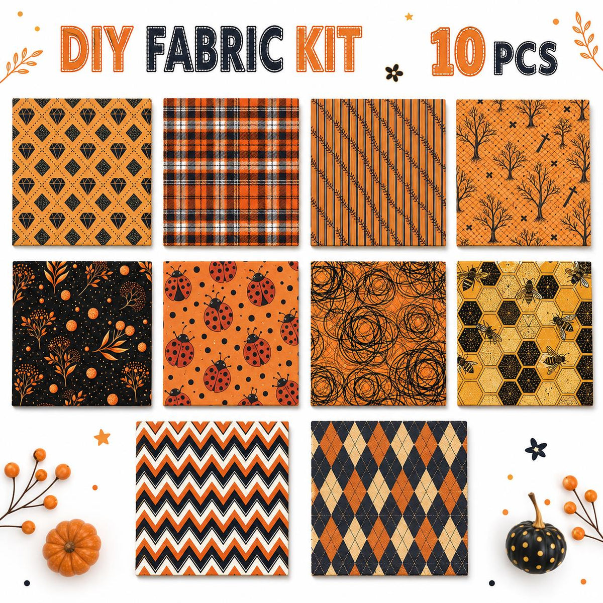 10Pc/Set Autumn Orange Series Ladybug Stripe Bee Dot Hexagon Fat Quarter Fabric, Pre-Cut Square Fabric Assort, Fabric Set, Craft Fabric, Handmade DIY Patchwork Fabric,Home Quilting Sewing Fabric, Packaging Fabric, Scrapbooking Craft Hobbyist