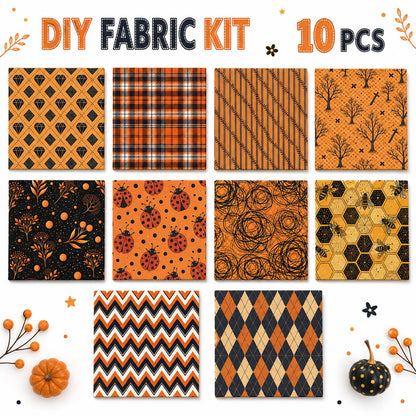 10Pc/Set Autumn Orange Series Ladybug Stripe Bee Dot Hexagon Fat Quarter Fabric, Pre-Cut Square Fabric Assort, Fabric Set, Craft Fabric, Handmade DIY Patchwork Fabric,Home Quilting Sewing Fabric, Packaging Fabric, Scrapbooking Craft Hobbyist
