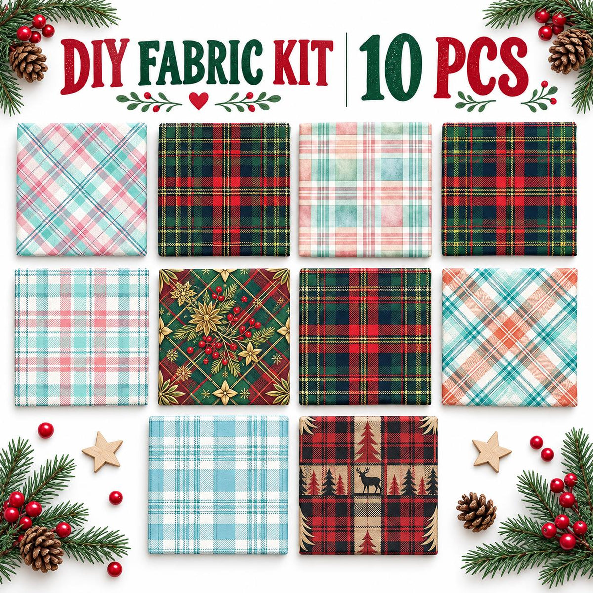 10Pc/Set Christmas Plaid Series Tree Deer Deer Fat Quarter Fabric, Pre-Cut Square Fabric Assort, Fabric Set, Craft Fabric, Handmade DIY Patchwork Fabric,Home Quilting Sewing Fabric, Packaging Fabric, Scrapbooking Craft Hobbyist
