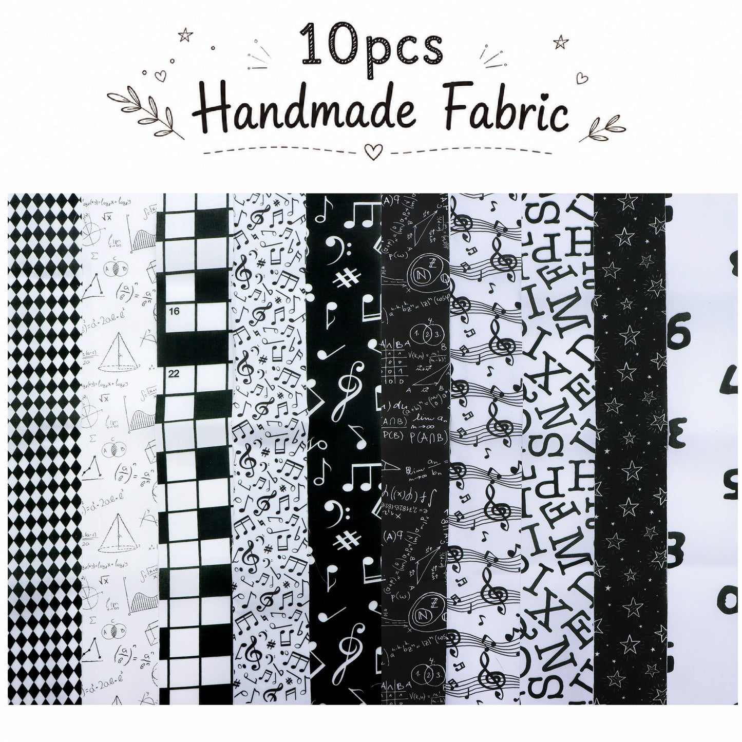 10Pc/Set, Making 10 Images 1pc Each, Each Size: 6.3*50cm Back to School White and Black Series Sliced Fabric Set Style Combination, Polyester Jelly Roll Fabric Strips, Pre-Cut Quilting Squares, For Quilting DIY, Handicrafts And Sewing, Blankets, Rugs