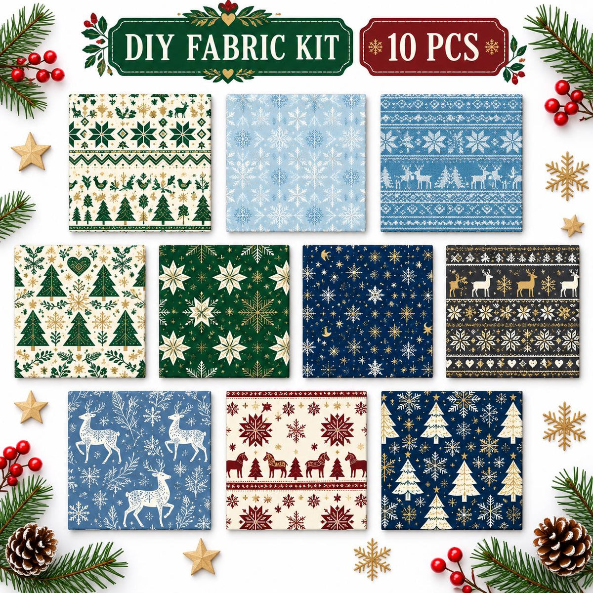 10Pc/Set Christmas Series Stripe Heart Star Bird Deer Horse Tree Pinecones Fat Quarter Fabric, Pre-Cut Square Fabric Assort, Fabric Set, Craft Fabric, Handmade DIY Patchwork Fabric,Home Quilting Sewing Fabric, Packaging Fabric, Scrapbooking Craft Hobbyist