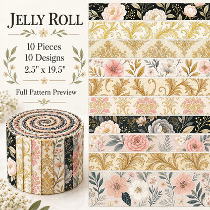 10pcs Vintage Floral Burgundy Pattern Jelly Roll Fabric Strips 2.5X19.7inch Pre-Cut 100% Polyester For Patchwork Quilts, Table Runners, Placemats, Tote Bags, Storage Pouches, Makeup Bags, Coasters, Quilt Blocks & Binding