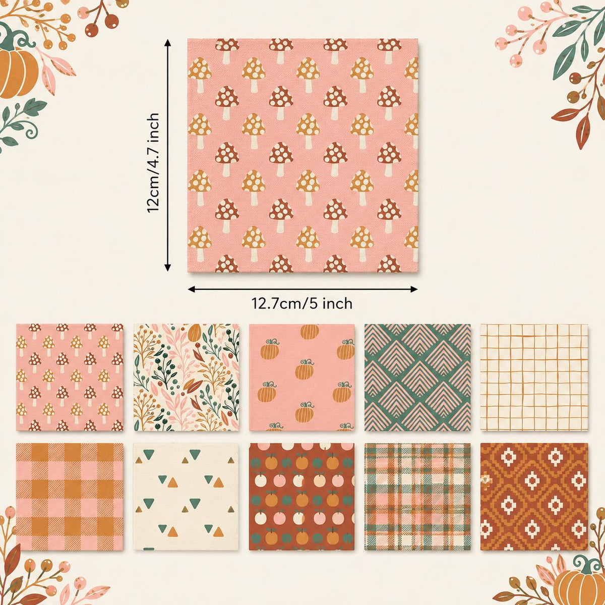 10pcs Charm Pack Set Mushroom Pumpkin Pattern Vintage Style Handmade DIY with Rich Color and Texture Elements 100% Polyester Patchwork in 10 Design Styles Suitable for Patchwork DIY Craft Projects DIY Wallet Making Gift Giving Bag Making Mother's Day Gift