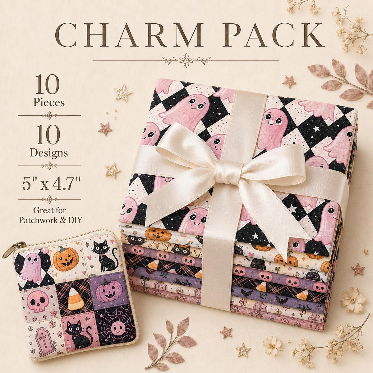 10pcs Charm Pack Set  Bat Ghost Cat Pumpkin Halloween Vintage Style Pattern Handmade DIY with Rich Color and Texture Elements 100% Polyester Patchwork in 10 Design Styles Suitable for Patchwork DIY Craft Projects DIY Wallet Making Gift Giving Bag Making