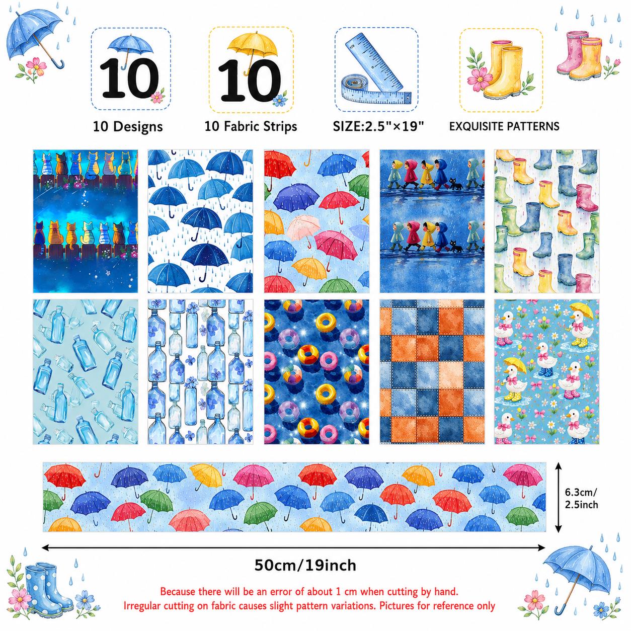 10Pc/Set, Making 10 Images 1pc Each, Each Size: 6.3*50cm Cat Bottle Raining Umbrella Blue Series Sliced Fabric Set Style Combination, Polyester Jelly Roll Fabric Strips, Pre-Cut Quilting Squares, For Quilting DIY, Handicrafts And Sewing, Blankets, Rugs