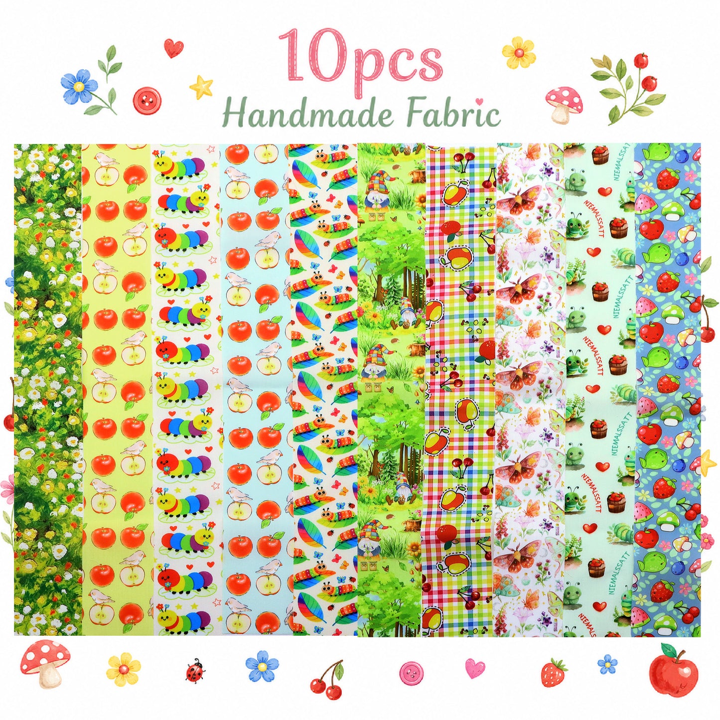10Pc/Set, Making 10 Images 1pc Each, Each Size: 6.3*50cm Floral Apple Caterpillar Series Sliced Fabric Set Style Combination, Polyester Jelly Roll Fabric Strips, Pre-Cut Quilting Squares, For Quilting DIY, Handicrafts And Sewing, Blankets, Rugs