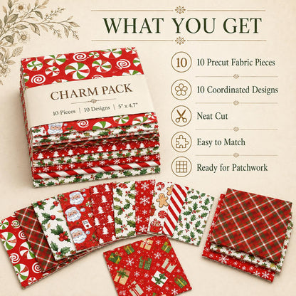 10pcs Charm Pack Set Holly Santa Christmas Pattern Vintage Style Handmade DIY with Rich Color and Texture Elements 100% Polyester Patchwork in 10 Design Styles Suitable for Patchwork DIY Craft Projects DIY Wallet Making Gift Giving Bag Making Mother's Day