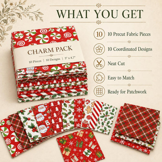 10pcs Charm Pack Set Holly Santa Christmas Pattern Vintage Style Handmade DIY with Rich Color and Texture Elements 100% Polyester Patchwork in 10 Design Styles Suitable for Patchwork DIY Craft Projects DIY Wallet Making Gift Giving Bag Making Mother's Day