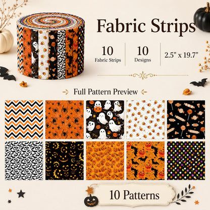 10Pc/Set, Making 10 Images 1pc Each, Each Size: 6.3*50cm Candy Pumpkin Bat Ghost Halloween Series Sliced Fabric Set Style Combination, Polyester Jelly Roll Fabric Strips, Pre-Cut Quilting Squares, For Quilting DIY, Handicrafts And Sewing, Blankets, Rugs