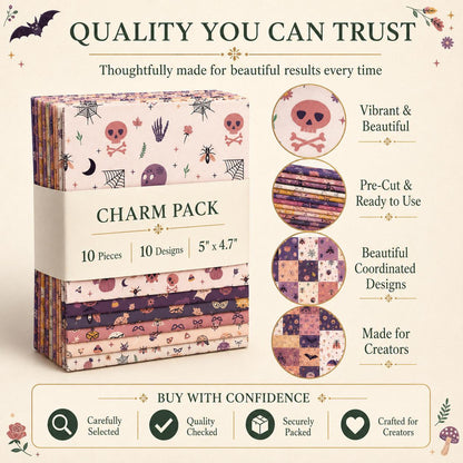 10pcs Charm Pack Set Bat Skull Spider Halloween Pattern Vintage Style Handmade DIY with Rich Color and Texture Elements 100% Polyester Patchwork in 10 Design Styles Suitable for Patchwork DIY Craft Projects DIY Wallet Making Gift Giving Bag Making Mother'