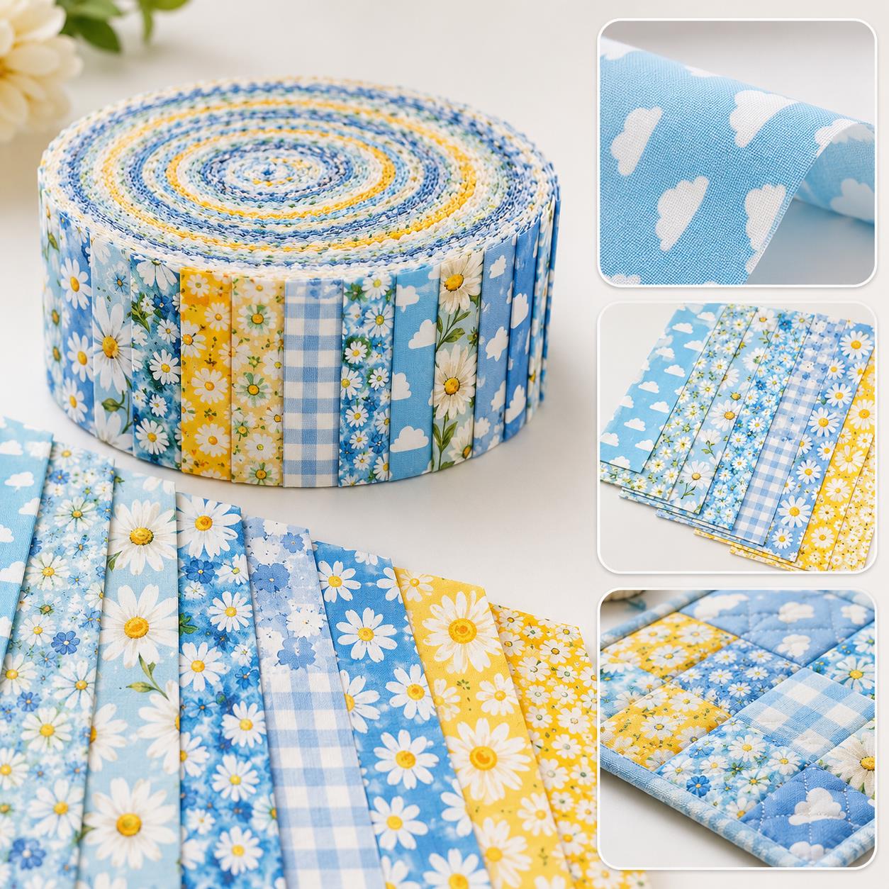 10Pc/Set, Making 10 Images 1pc Each, Each Size: 6.3*50cm Floral Daisy Blue Series Sliced Fabric Set Style Combination, Polyester Jelly Roll Fabric Strips, Pre-Cut Quilting Squares, For Quilting DIY, Handicrafts And Sewing, Blankets, Rugs
