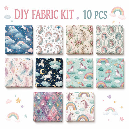 10Pc/Set Unicorn Series Flower Star Moon Umbrella Cloud Fat Quarter Fabric, Pre-Cut Square Fabric Assort, Fabric Set, Craft Fabric, Handmade DIY Patchwork Fabric,Home Quilting Sewing Fabric, Packaging Fabric, Scrapbooking Craft Hobbyist