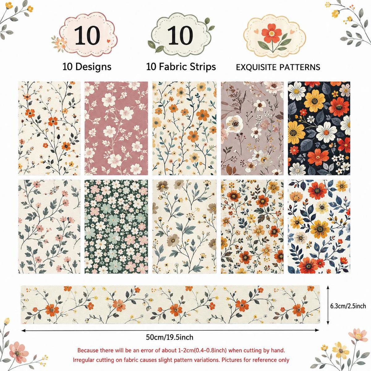 10pcs Vintage Floral Pattern Jelly Roll Fabric Strips 2.5X19.7inch Pre-Cut 100% Polyester For Patchwork Quilts, Table Runners, Placemats, Tote Bags, Storage Pouches, Makeup Bags, Coasters, Quilt Blocks & Binding