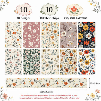 10pcs Vintage Floral Pattern Jelly Roll Fabric Strips 2.5X19.7inch Pre-Cut 100% Polyester For Patchwork Quilts, Table Runners, Placemats, Tote Bags, Storage Pouches, Makeup Bags, Coasters, Quilt Blocks & Binding