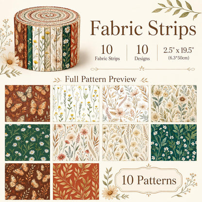 10pcs Vintage Floral Pattern Jelly Roll Fabric Strips 2.5X19.7inch Pre-Cut 100% Polyester For Patchwork Quilts, Table Runners, Placemats, Tote Bags, Storage Pouches, Makeup Bags, Coasters, Quilt Blocks & Binding