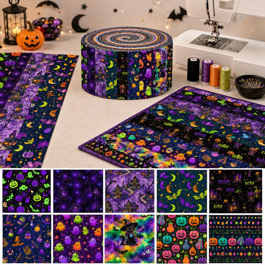 10pcs Vintage Ghost Pumpkin Green & Purple Halloween Theme Jelly Roll Fabric Strips 2.5X19.7inch Pre-Cut 100% Polyester For Patchwork Quilts, Table Runners, Placemats, Tote Bags, Storage Pouches, Makeup Bags, Coasters, Quilt Blocks & Binding