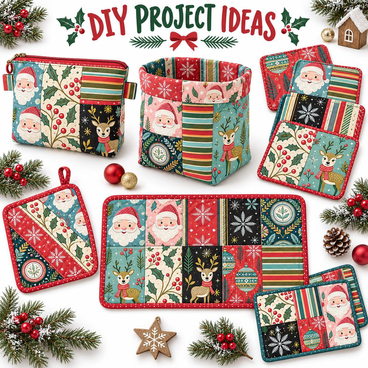 10Pc/Set Christmas Series Flower Stripe Plaid Deer Santa Claus Holly Pinecones Fat Quarter Fabric, Pre-Cut Square Fabric Assort, Fabric Set, Craft Fabric, Handmade DIY Patchwork Fabric,Home Quilting Sewing Fabric, Packaging Fabric, Scrapbooking Craft Hobb