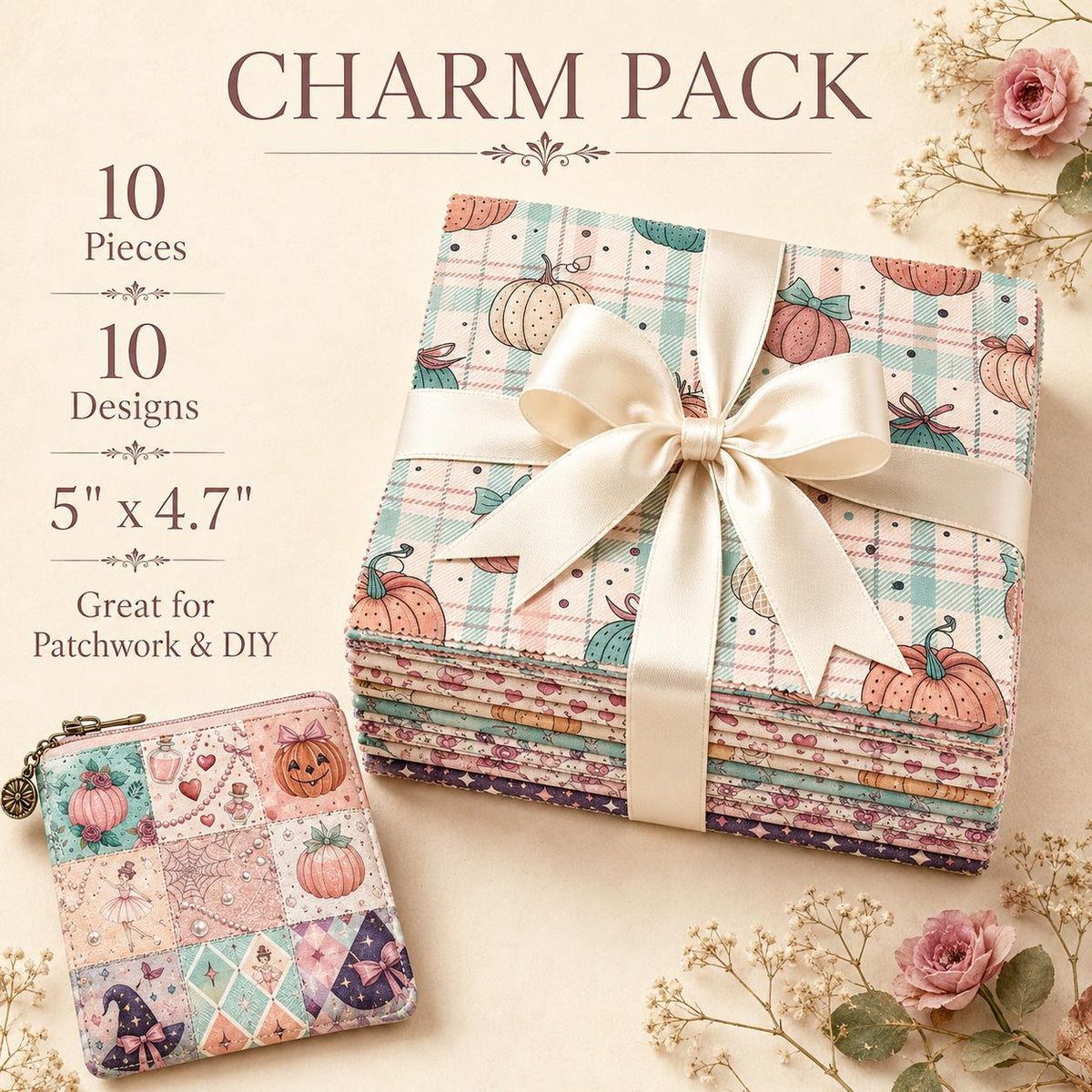 10pcs Charm Pack Set Spider Pumpkin Halloween Theme Vintage Style Pattern Handmade DIY with Rich Color and Texture Elements 100% Polyester Patchwork in 10 Design Styles Suitable for Patchwork DIY Craft Projects DIY Wallet Making Gift Giving Bag Making