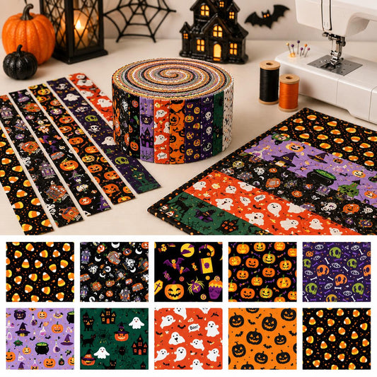 10pcs Vintage Pumpkin Spider Cat Halloween Theme Jelly Roll Fabric Strips 2.5X19.7inch Pre-Cut 100% Cotton For Patchwork Quilts, Table Runners, Placemats, Tote Bags, Storage Pouches, Makeup Bags, Quilt Blocks & Binding