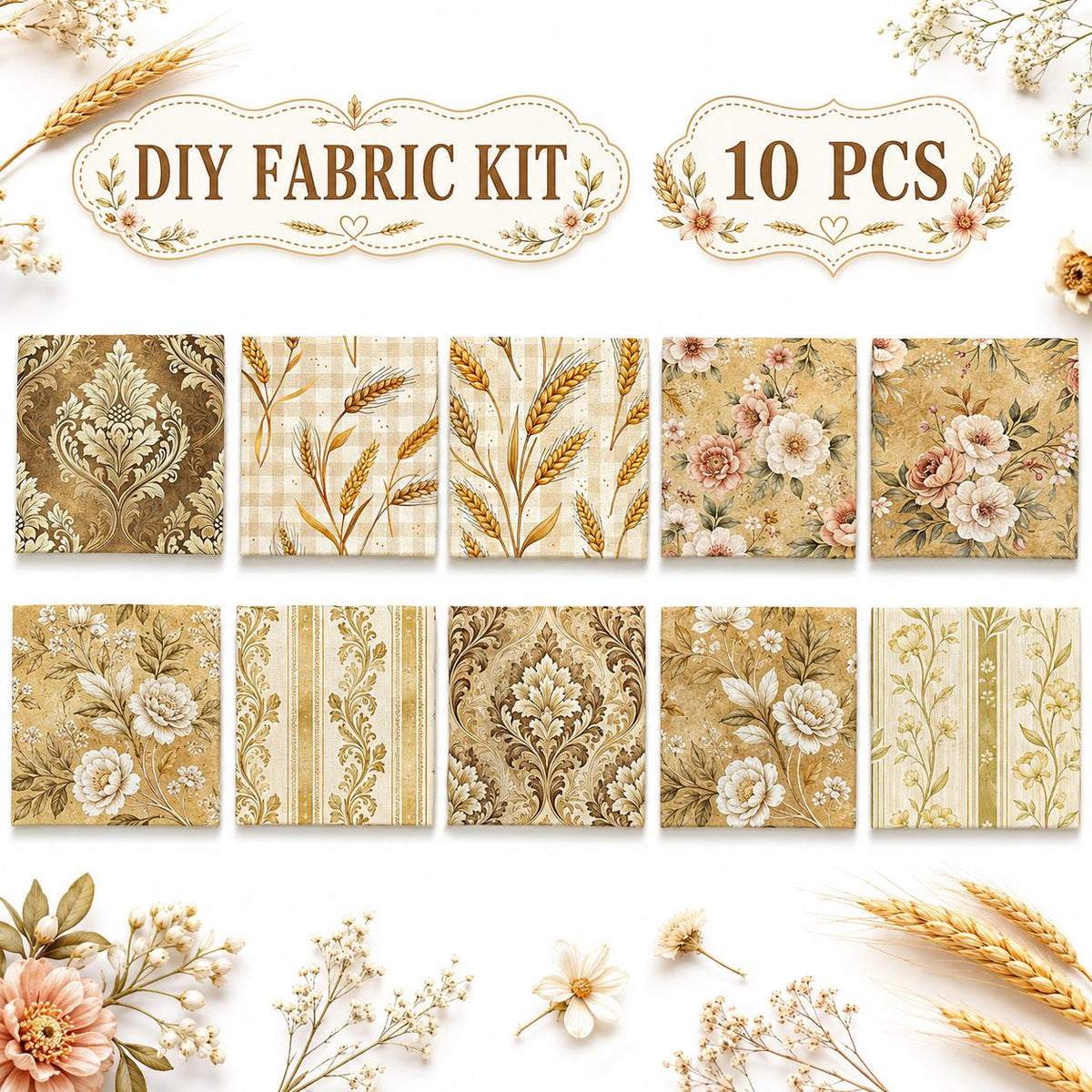 10pcS Charm Pack Set Floral Ear Of Wheat Pattern VIntage Style HAndmade DIY With Rich Color and Texture Elements 100% Polyester Patchwork in 10 Design Styles Suitable For Patchwork DIY Craft Projects DIY Wallet Making Gift Giving Bag Making Mother's Day G