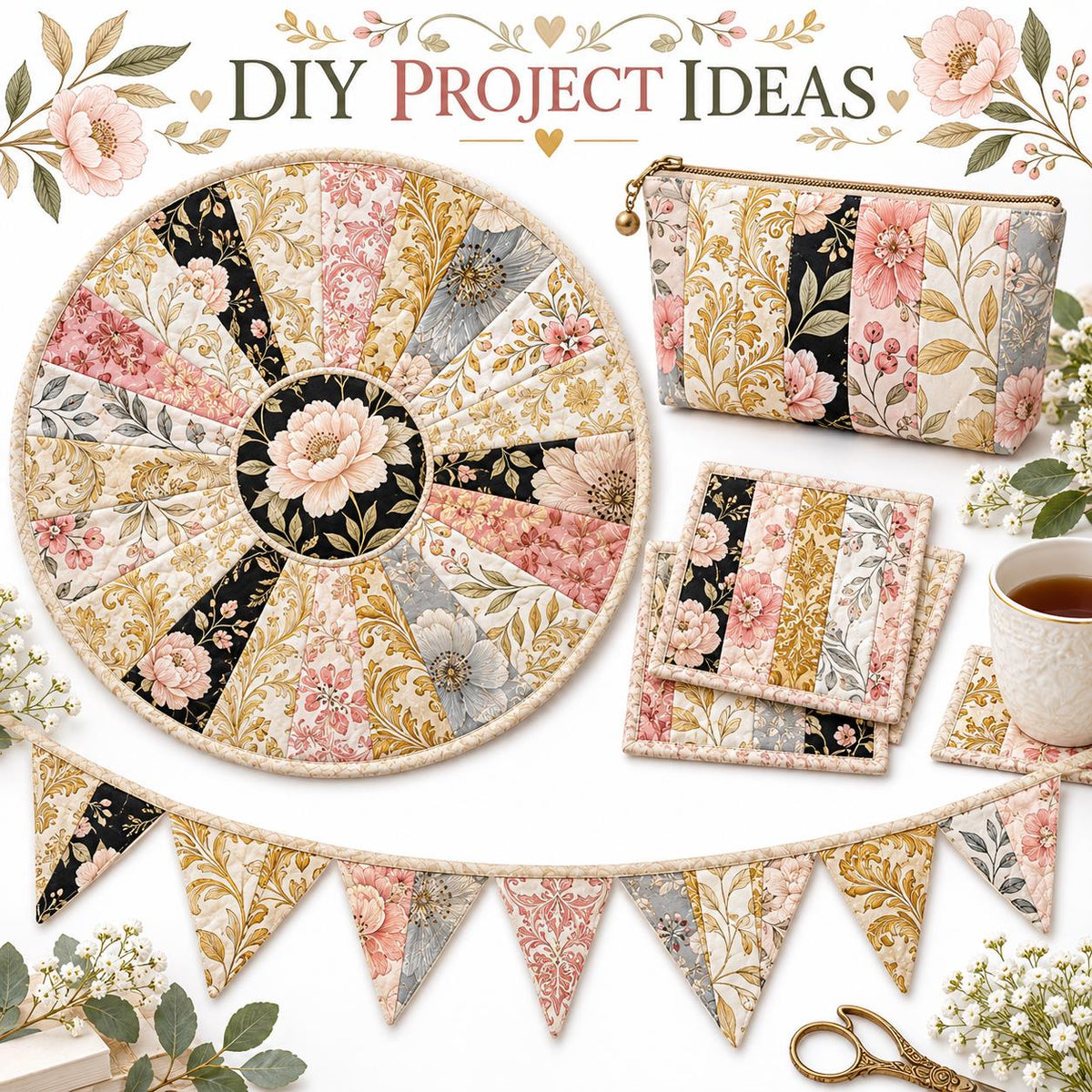 10pcs Vintage Floral Burgundy Pattern Jelly Roll Fabric Strips 2.5X19.7inch Pre-Cut 100% Polyester For Patchwork Quilts, Table Runners, Placemats, Tote Bags, Storage Pouches, Makeup Bags, Coasters, Quilt Blocks & Binding