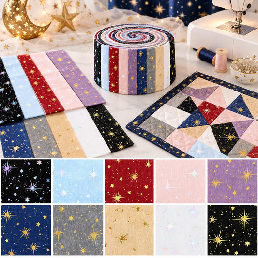 10pcs Vintage Hot Stamping Star Pattern Jelly Roll Fabric Strips 2.5X19.7inch Pre-Cut 100% Polyester For Patchwork Quilts, Table Runners, Placemats, Tote Bags, Storage Pouches, Makeup Bags, Coasters, Quilt Blocks & Binding
