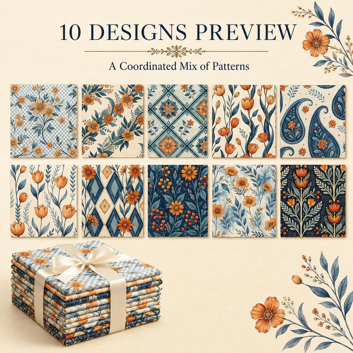 10Pc/Set Flower Plaid Tulip Daisy Blue Series Fat Quarter Fabric, Pre-Cut Square Fabric Assort, Fabric Set, Craft Fabric, Handmade DIY Patchwork Fabric,Home Quilting Sewing Fabric, Packaging Fabric, Scrapbooking Craft Hobbyist