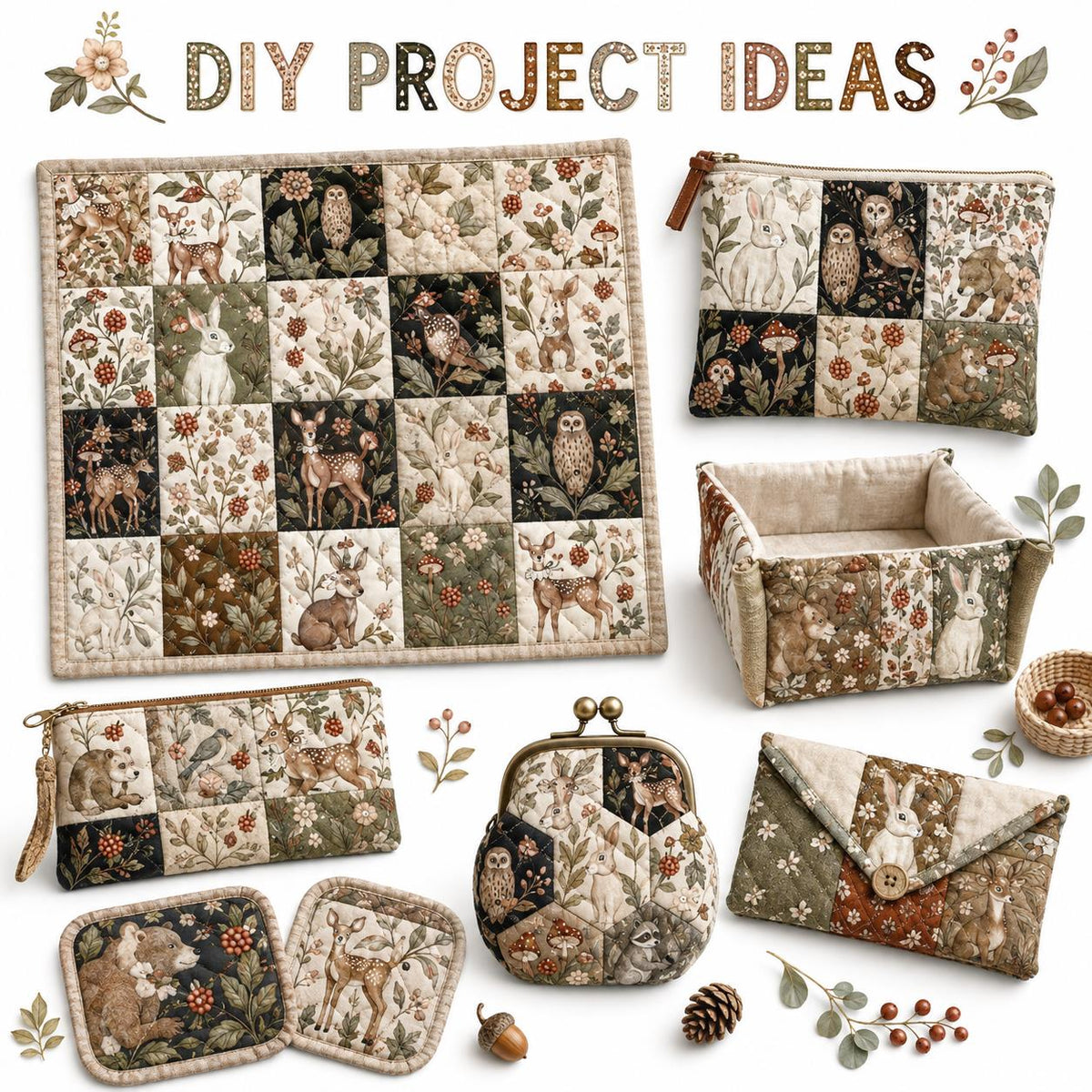 10pcs Charm Pack Set Deer Owl Animal Floral Pattern 100% Polyester Patchwork in 10 Design Styles, Ready-to-Sew Without Cutting, Suitable For Patchwork Wallet Making Gift Giving Tote Bags Coasters DIY Craft Projects Christmas Gift
